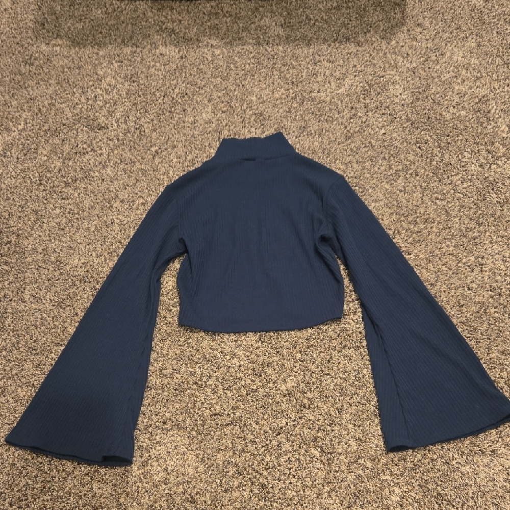 Navy Blue Bell Sleeve Crop Top